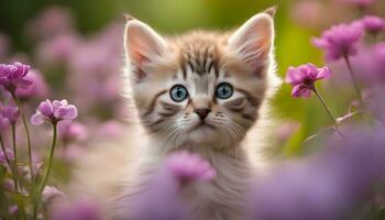ai generato un' gattino è in piedi nel un' campo di fiori foto