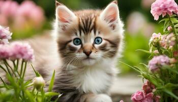 ai generato un' gattino è seduta nel il erba con rosa fiori foto