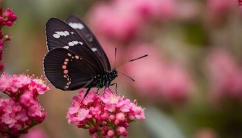 ai generato un' nero farfalla è seduta su alcuni rosa fiori foto