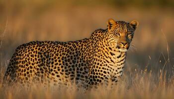 ai generato un' leopardo è in piedi nel alto erba foto
