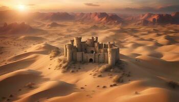 ai generato un vecchio castello nel il deserto con il sole ambientazione foto