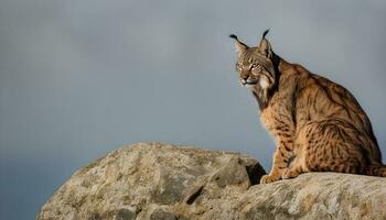 ai generato un' lince è seduta su superiore di un' roccia foto