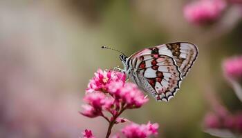 ai generato un' farfalla è seduta su alcuni rosa fiori foto