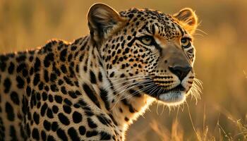 ai generato un' leopardo è in piedi nel il erba a tramonto foto