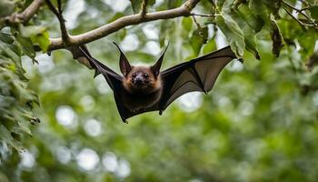 ai generato un' pipistrello è volante nel il aria con suo Ali diffusione foto