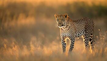 ai generato un' leopardo è a piedi attraverso alto erba a tramonto foto