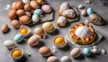 ai generato vario tipi di uova e pasticcini su un' tavolo foto