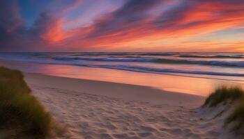 ai generato un' bellissimo tramonto al di sopra di il oceano con sabbia dune e erba foto