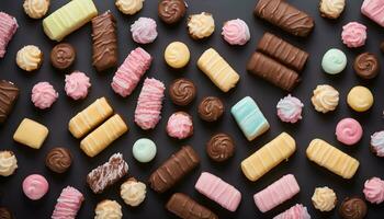 ai generato vario tipi di cioccolato e biscotti su un' nero sfondo foto