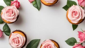 ai generato cupcakes con rosa glassa su bianca sfondo foto