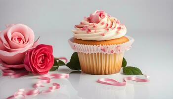 ai generato Cupcake con rosa glassa e Rose su bianca sfondo foto