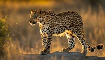 ai generato un' leopardo a piedi attraverso un' campo a tramonto foto