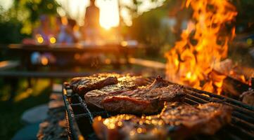 ai generato barbecue bbq famiglia picnic festa su il spiaggia con spiedini di carne e carne bistecche al di sopra di carbone foto