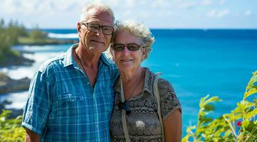 ai generato salutare e contento attivo anziano coppia godendo la pensione vicino per un' spiaggia proprietà foto
