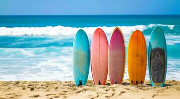 ai generato tavole da surf incollato nel il sabbia su il bellissimo spiaggia con oceano onde nel il sfondo foto