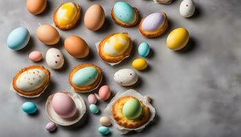 ai generato colorato Pasqua uova su un' grigio sfondo foto