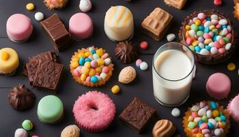 ai generato vario tipi di dolci e latte su un' tavolo foto