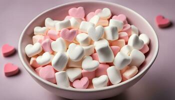 ai generato un' ciotola di marshmallows con cuori nel loro foto