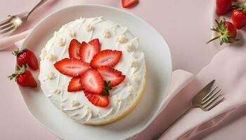 ai generato un' bianca torta con glassa e fragole su un' rosa sfondo foto