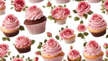 ai generato cupcakes e Rose siamo disposte nel un' modello foto