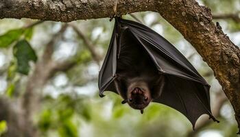 ai generato un' pipistrello sospeso sottosopra giù a partire dal un' albero ramo foto