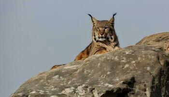 ai generato un' lince è seduta su superiore di un' roccia foto