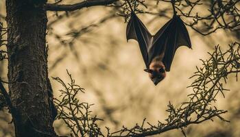 ai generato un' pipistrello sospeso sottosopra giù a partire dal un' albero ramo foto