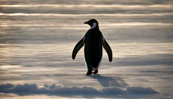 ai generato un' pinguino a piedi attraverso il neve coperto terra foto