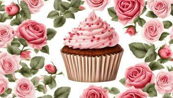 ai generato Cupcake con rosa glassa su bianca sfondo con Rose foto