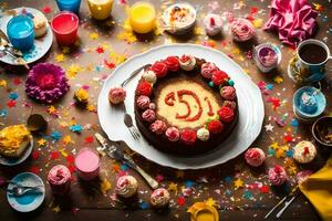 ai generato un' torta con il lettera c su esso è circondato di cupcakes e altro coriandoli foto