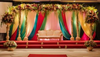 ai generato indiano nozze palcoscenico decorazione foto
