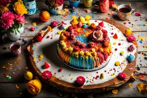 ai generato un' colorato torta su un' di legno tavolo foto