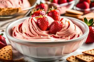 ai generato un' ciotola di fragola ghiaccio crema con un' cucchiaio foto