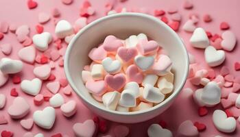 ai generato un' ciotola di marshmallows su un' rosa sfondo foto