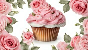 ai generato Cupcake con rosa glassa circondato di Rose foto