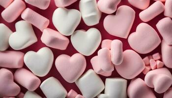 ai generato rosa e bianca marshmallows su un' rosso sfondo foto