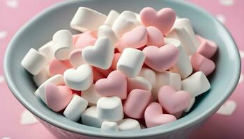 ai generato un' ciotola pieno con rosa e bianca marshmallows foto