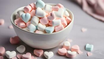 ai generato un' ciotola pieno con marshmallows e rosa e blu cuori foto