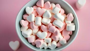 ai generato un' ciotola di marshmallows su un' rosa sfondo foto