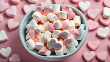 ai generato un' ciotola di marshmallows su un' rosa sfondo foto