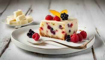 ai generato un' pezzo di torta di formaggio con frutti di bosco e un' cucchiaio foto