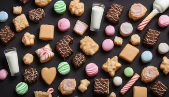 ai generato vario tipi di biscotti e caramelle su un' nero sfondo foto
