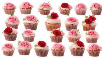 ai generato cupcakes con rosa glassa e Rose su bianca sfondo foto
