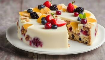 ai generato un' torta con fresco frutti di bosco e crema su un' bianca piatto foto