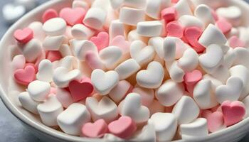 ai generato un' ciotola di marshmallows con rosa cuori foto