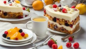 ai generato un' piatto di torta con frutta e un' tazza di tè foto