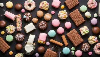 ai generato vario tipi di cioccolato e dolci su un' nero sfondo foto