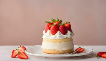 ai generato un' piccolo torta con frustato crema e fragole foto