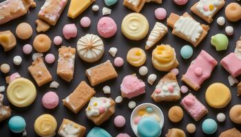 ai generato un' grande assortimento di pasticcini e dolci su un' nero sfondo foto