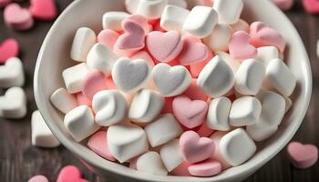 ai generato un' ciotola di marshmallows con cuori nel loro foto